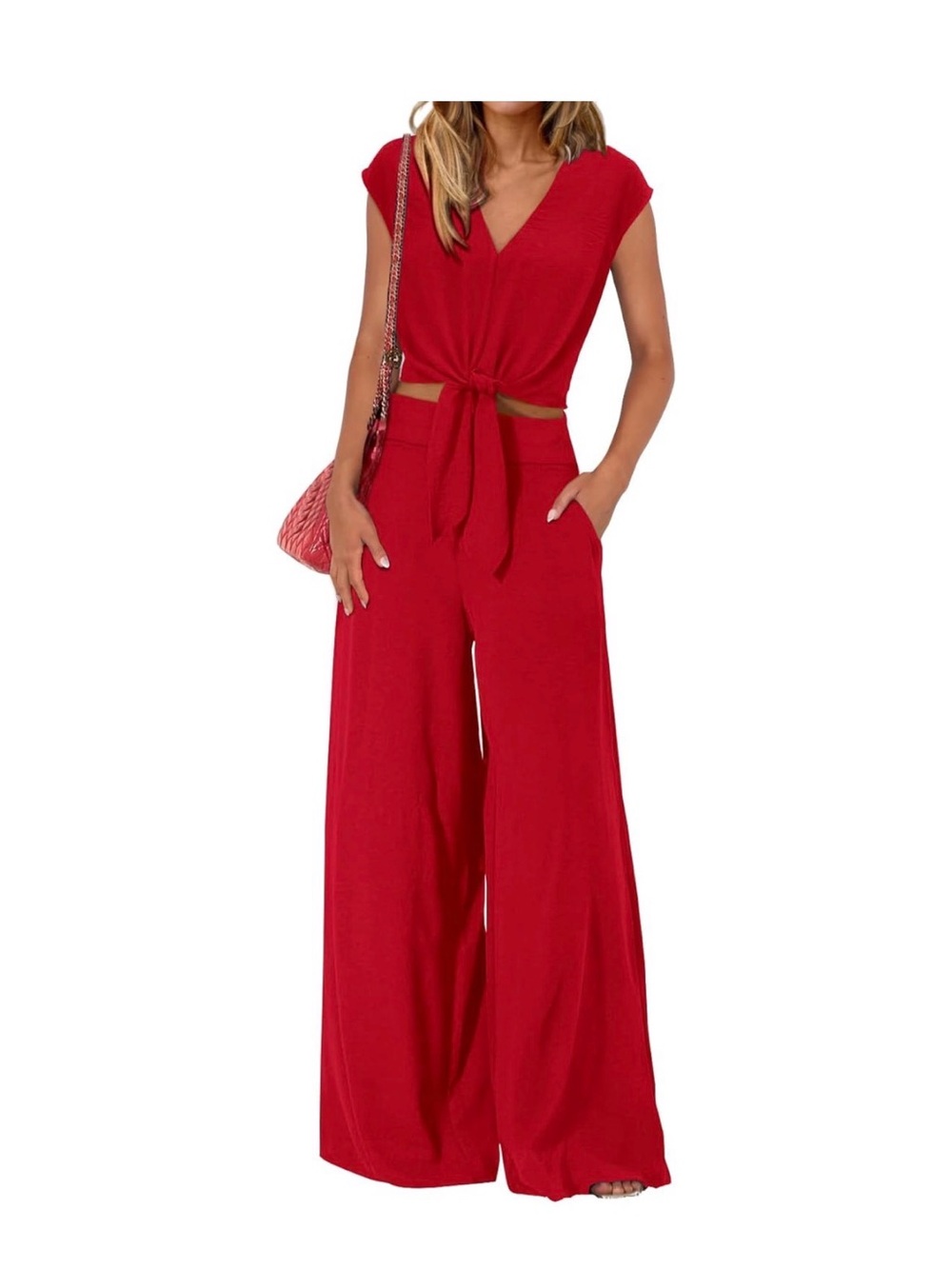Red Tie-Front Wide-Leg Two Piece